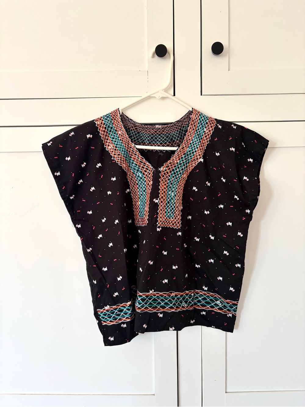 Black Dog Print Embroidered Square Mexican Top
